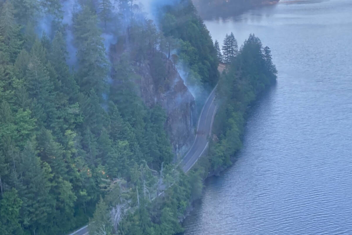 The Cameron Bluffs wildfire along Highway 4 is currently “being held.” (PHOTO COURTESY BC MINISTRY OF TRANSPORTATION AND INFRASTRUCTURE)