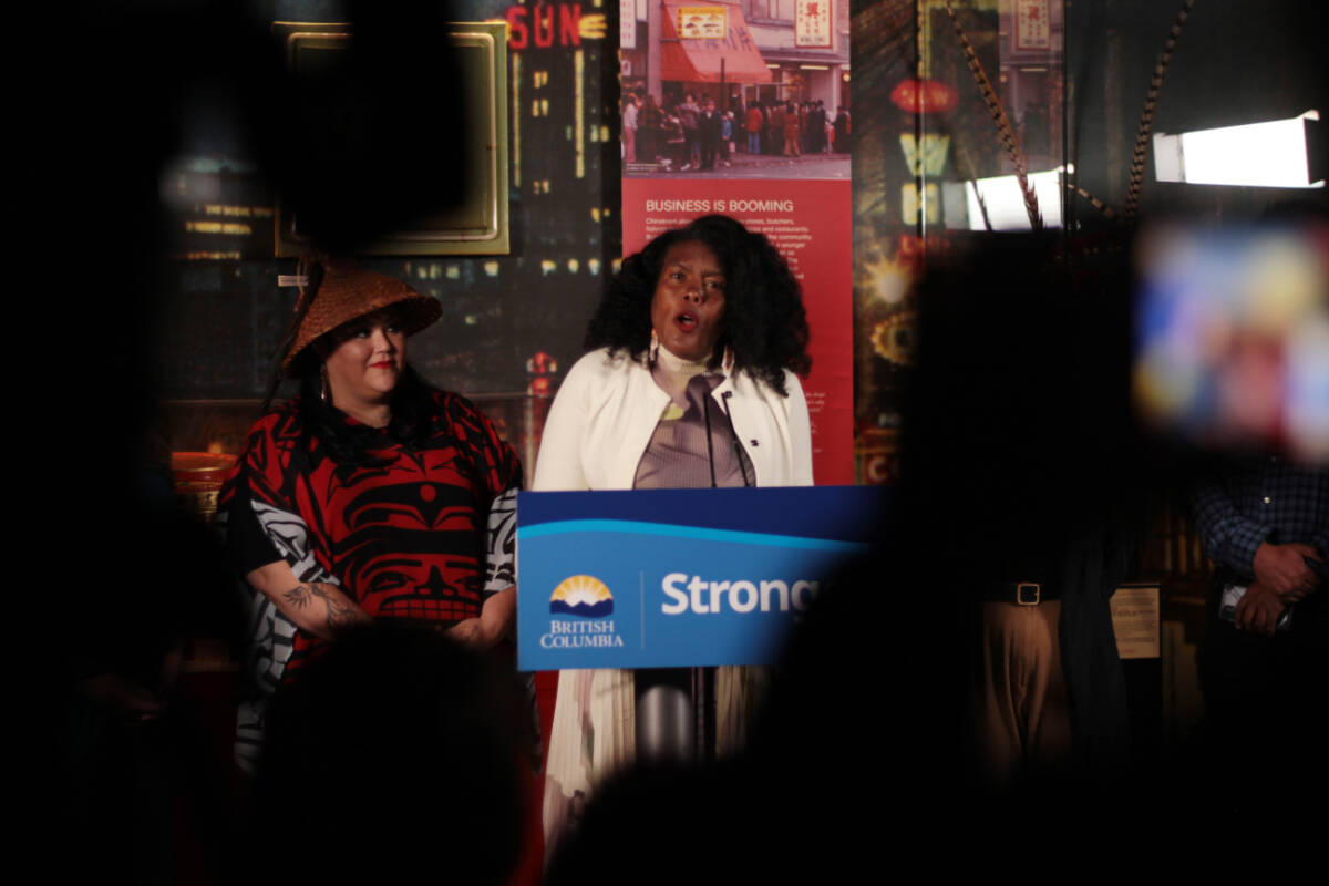 June Francis, B.C.’s Anti-Racism Data Committee chair speaks during the launch of B.C.’s demographic Survey June 14, 2023 at Vancouver’s Chinatown Storytelling Centre. She is joined by committee member Jessica (t’łisala) Guss. (Lauren Collins)