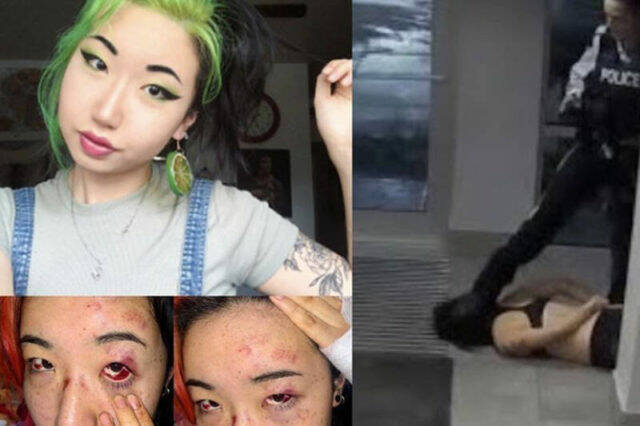 Photos of Mona Wang after a January 2020 wellness check and a still from surveillance footage of Const. Lacy Browning pushing her head into the ground with a boot. (Submitted)
