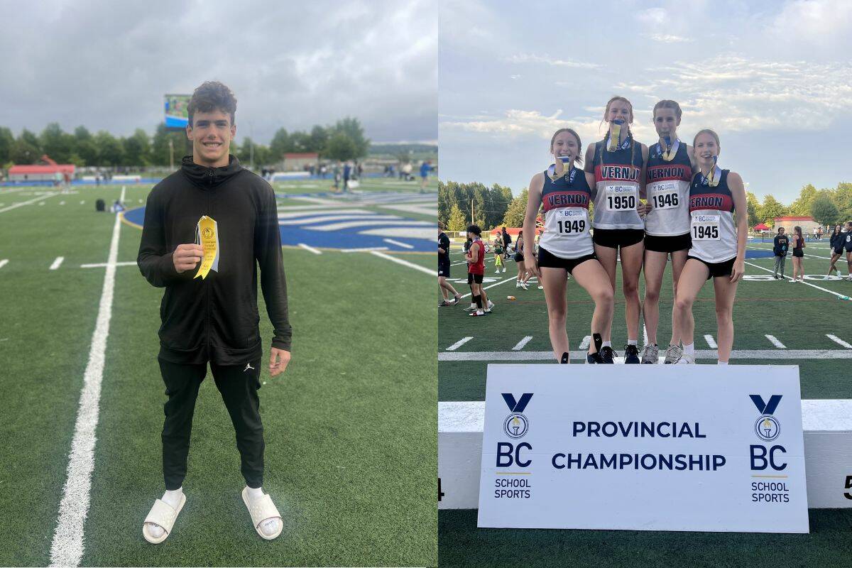 Left: Anderson Bicknell finished fourth in the Junior Boys 300 m hurdles. Right: Lyriq Nerling, Charlotte Routley, Caelyn Fitzpatrick and Chloe Bicknell on the podium after their gold medal winning run. (Contributed)