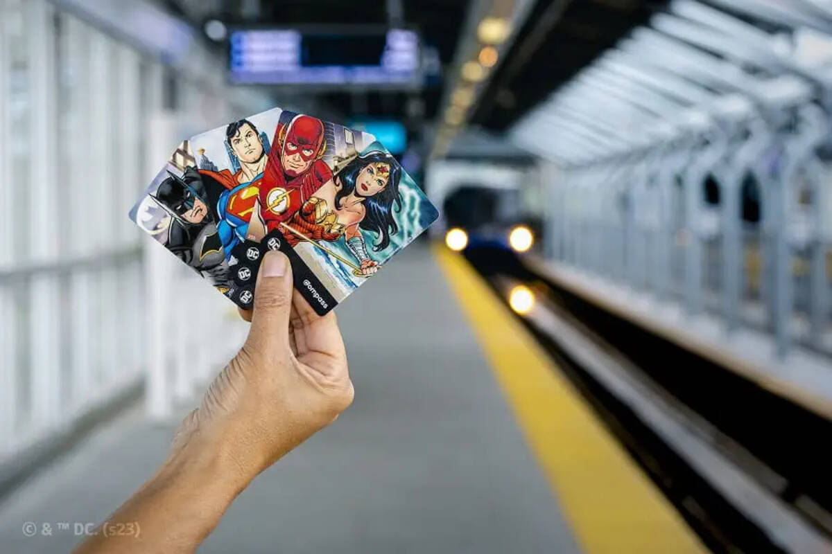 TransLink has joined forces with Warner Bros. Discovery Global Consumer Products and the world of DC for four limited edition DC superhero-themed Compass Cards featuring Superman, The Flash, Batman and Wonder Woman. (TransLink)
