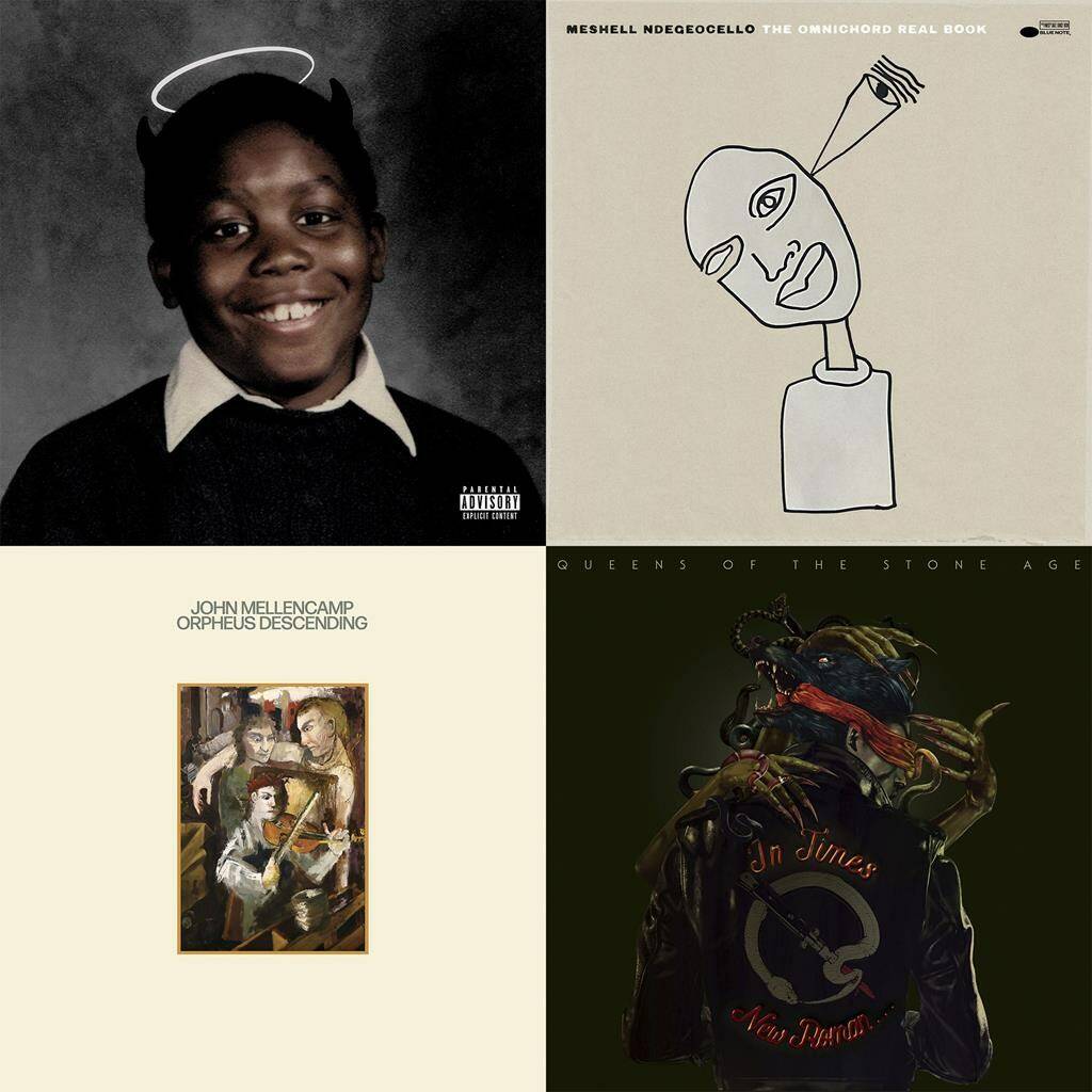 This combination of album cover images shows, clockwise from top left, “Michael” by Killer Mike, “The Omnichord Real Book” by Meshell Ndegeocello, “In Times New Roman…” by Queens of the Stone Age and “Strictly a One-Eyed Jack,” by John Mellencamp. (Loma Vista Recordings, clockwise from top left, Blue Note Records, Matador Records, Republic Records via AP)