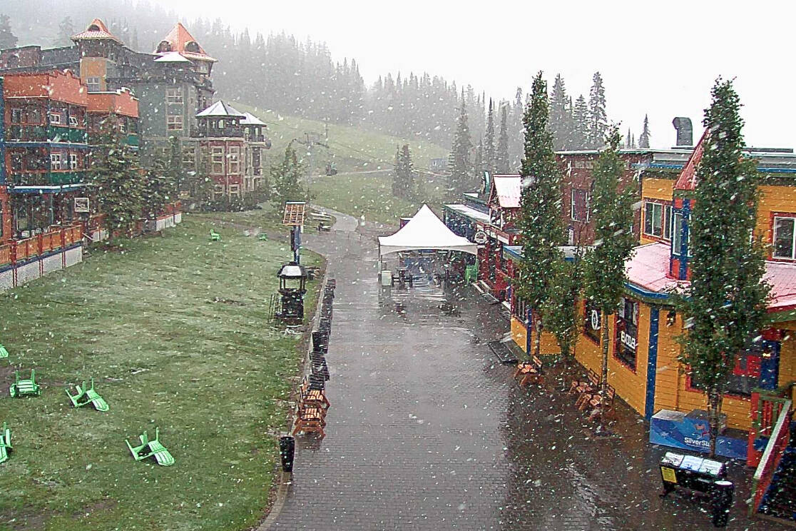Snow dusted SilverStar Mountain Resort Monday, June 19, days before the bike park opens for the season. (Village cam)