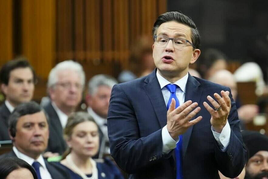 Conservative Leader Pierre Poilievre rises during question period in the House of Commons on Parliament Hill in Ottawa on Monday, June 19, 2023. Conservative members of Parliament joined other parties to vote in favour of a bill that enshrines into law the federal government’s long-term commitment to the Canada-wide early learning and child-care system. THE CANADIAN PRESS/Sean Kilpatrick