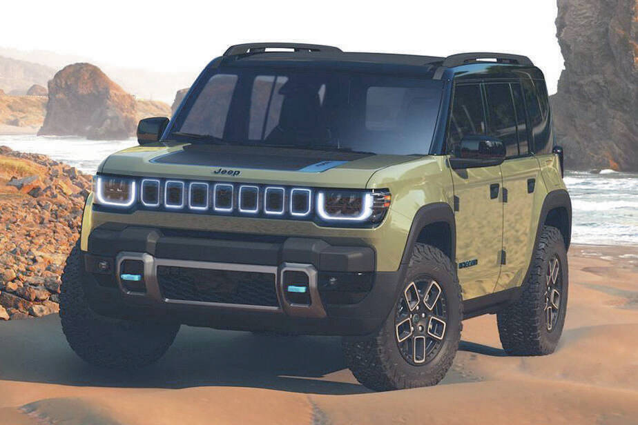 The electric Jeep Recon is about the size of a Grand Cherokee. The doors remove and there’s an available power folding roof. PHOTO: STELLANTIS