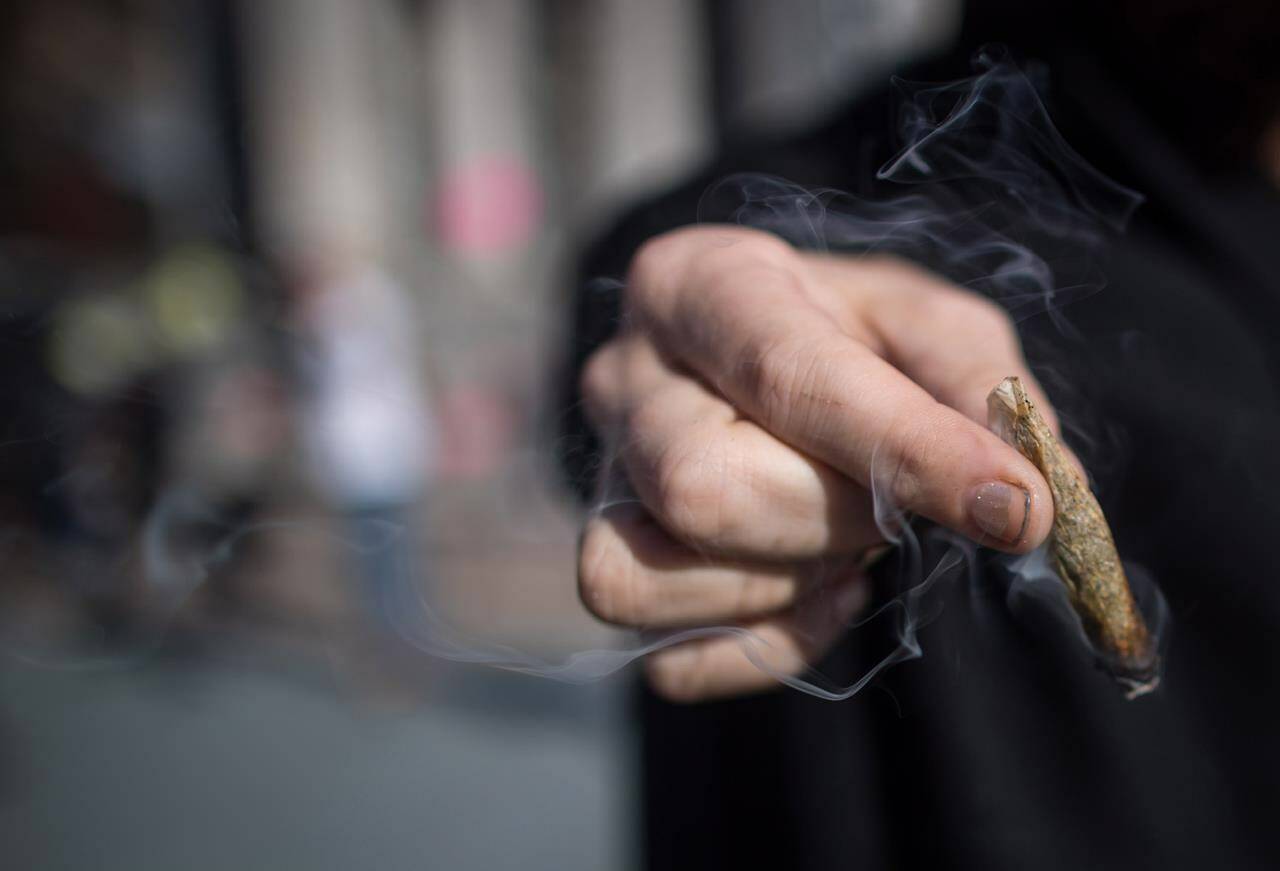 A man holds a joint while smoking cannabis, in Vancouver on Wednesday Oct. 17, 2018. Statistics Canada says nearly five per cent of cannabis users are at risk of developing an addiction to the drug, according to a survey of households. THE CANADIAN PRESS/Darryl Dyck
