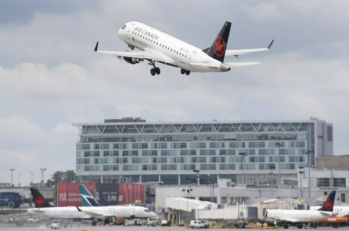 An Air Canada jet takes off from Trudeau Airport in Montreal, Thursday, June 30, 2022. New figures from Statistics Canada show Canadians are taking more trips outside the country this year compared with 2022, but travel hasn’t yet returned to pre-pandemic levels.THE CANADIAN PRESS/Graham Hughes