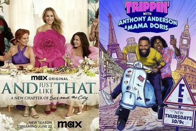 This combination of images shows promotional art for ‘Trippin’ with Anthony Anderson and Mama Doris,’ and ‘The Bear,’ two series that premiered June 22 (E!/FX via AP)