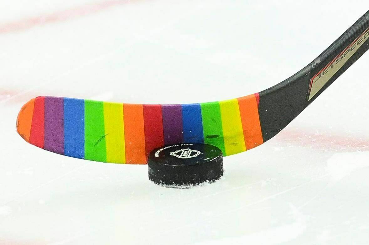 An Ottawa Senators player warms-up with rainbow-coloured hockey tape prior to taking on the Vancouver Canucks in NHL hockey action in Ottawa on Wednesday, April 28, 2021.The Toronto Maple Leafs won’t wear themed warmup jerseys for the team’s annual Pride night celebration Tuesday. THE CANADIAN PRESS/Sean Kilpatrick