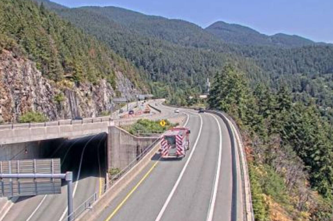 View from a highway cam on Hwy 99 at Hwy 1 ramp to Horseshoe Bay, looking east just before 2 p.m. June 27. (DriveBC)