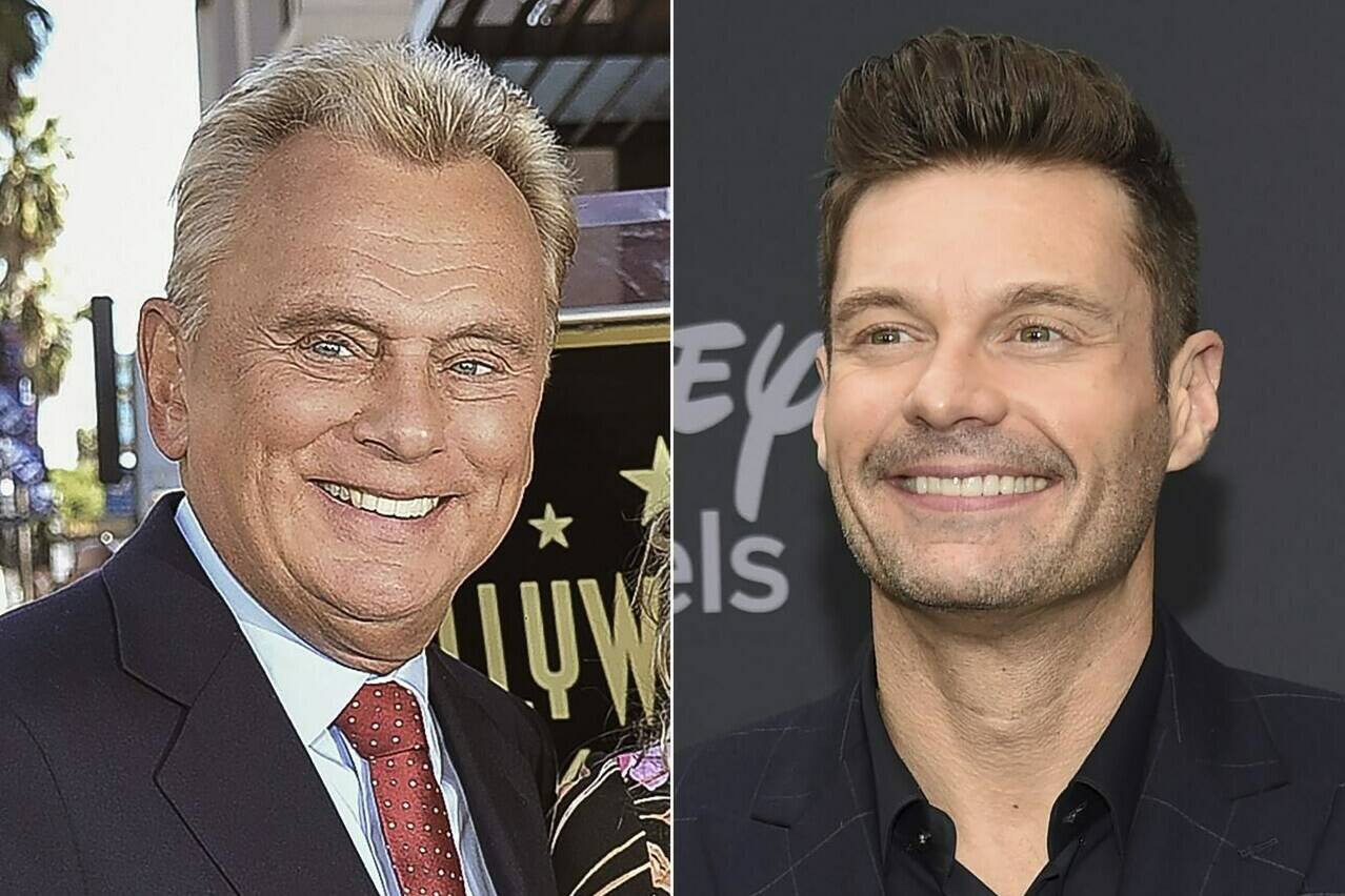 Pat Sajak attends a ceremony honoring Harry Friedman with a star on the Hollywood Walk of Fame in Los Angeles on Nov. 1, 2019, left, and Ryan Seacrest attends the Walt Disney Television 2019 upfront in New York on May 14, 2019. Seacrest will become the new “Wheel of Fortune” host after Pat Sajak’s retirement next year. Seacrest and Sony Pictures Television announced Tuesday that Seacrest has signed a multi-year deal to host the long-running game show starting with Season 42. (AP Photo)