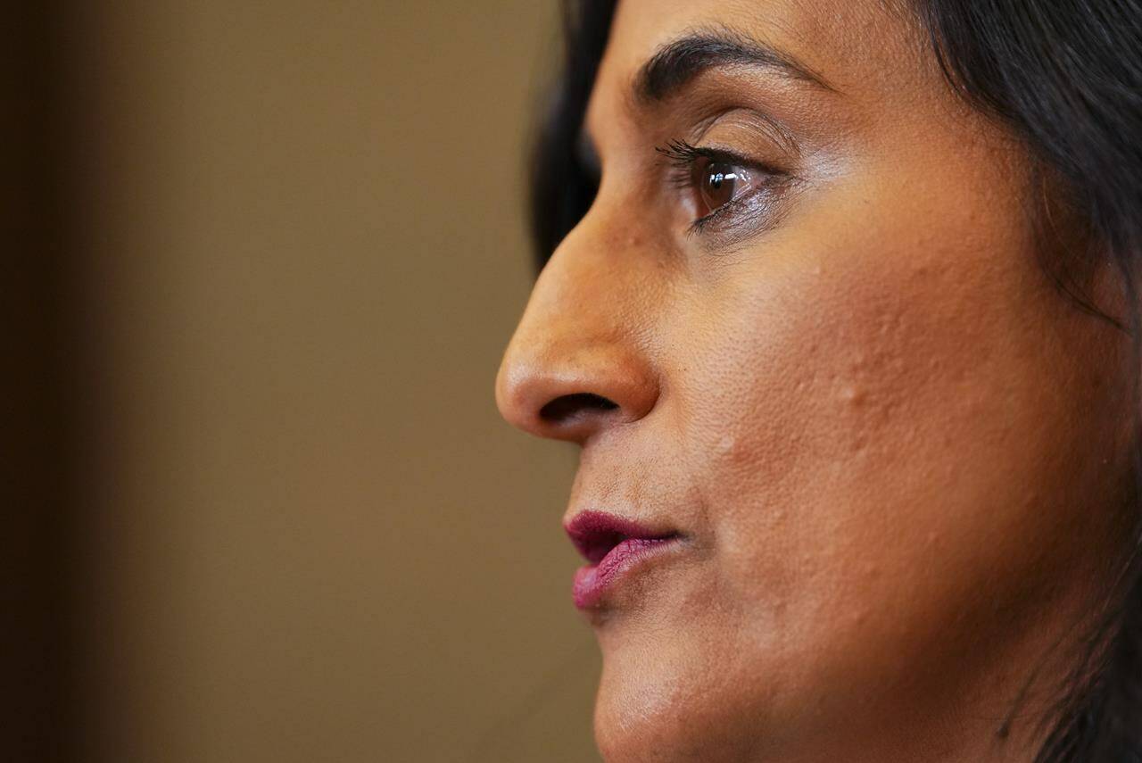 Defence Minister Anita Anand met with her U.K. counterpart today in London, where the pair discussed the coming NATO leaders’ summit. Anand holds a press conference in the foyer of the House of Commons on Parliament Hill in Ottawa, Monday, June 12, 2023. THE CANADIAN PRESS/Sean Kilpatrick
