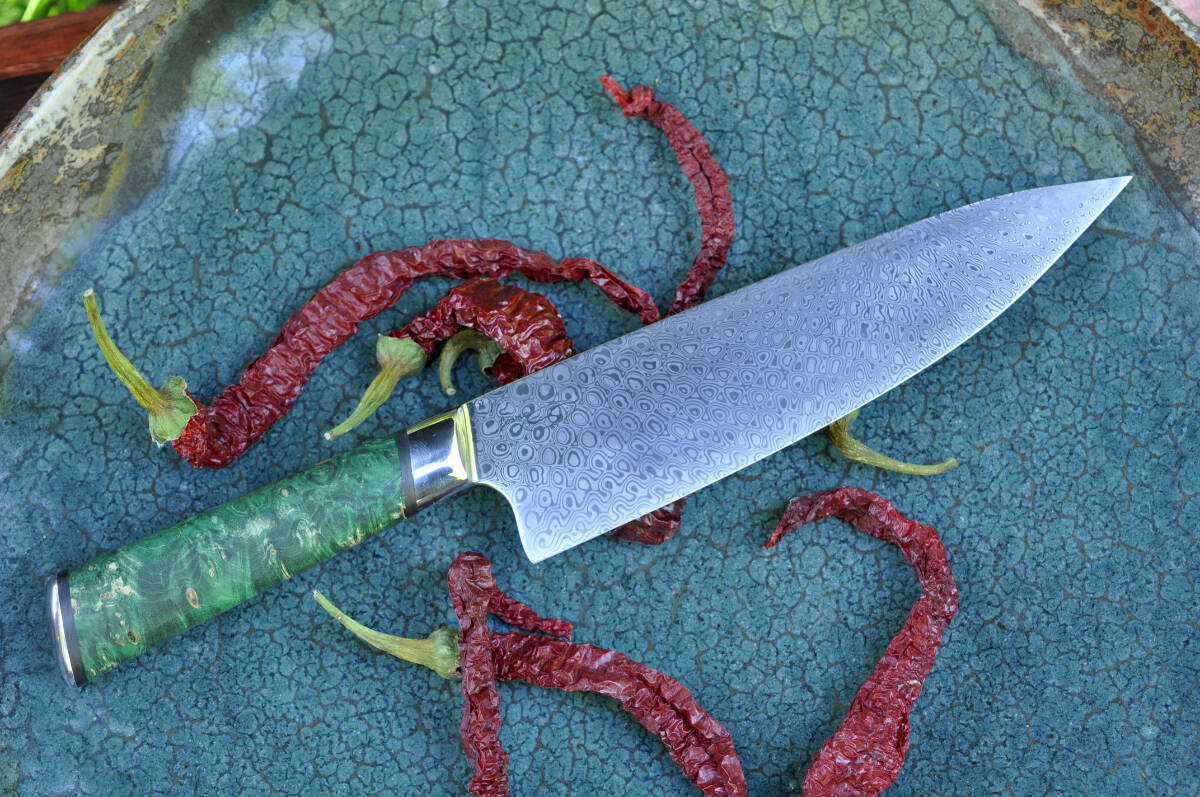 A Damascus steel kitchen knife by Seth Burton, who lives on Salt Spring Island. (Photo by Seth Burton)
