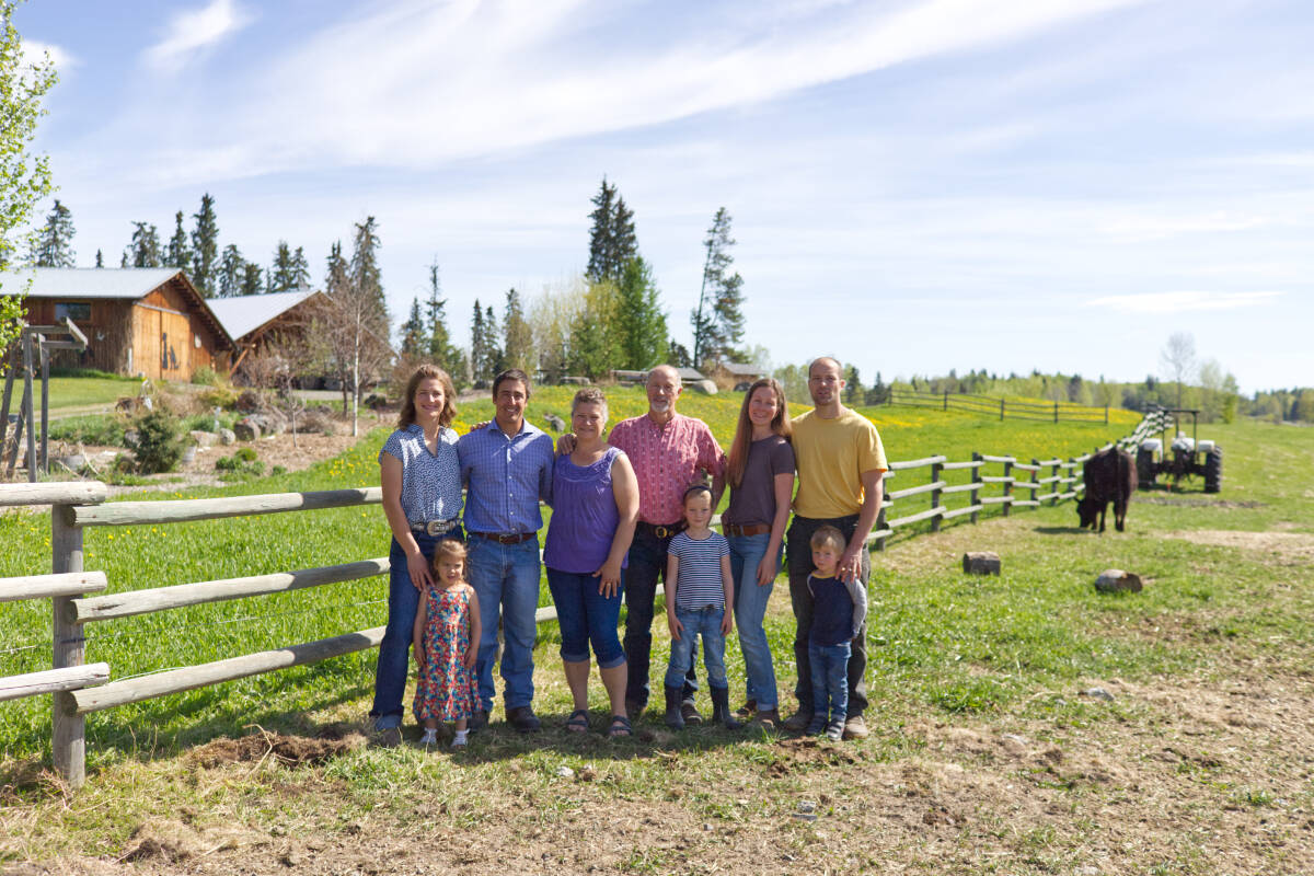 Silvia and Franz Laffer (middle), with their family Selina, Everly and Kyle Staples (L) and Aletta, Minette, Florian and Sebastian Laffer (R). The Laffer’s own Sunshine Ranch in Horsefly, B.C. Their children and grandchildren live nearby. (Kim Kimberlin Photo/Black Press)