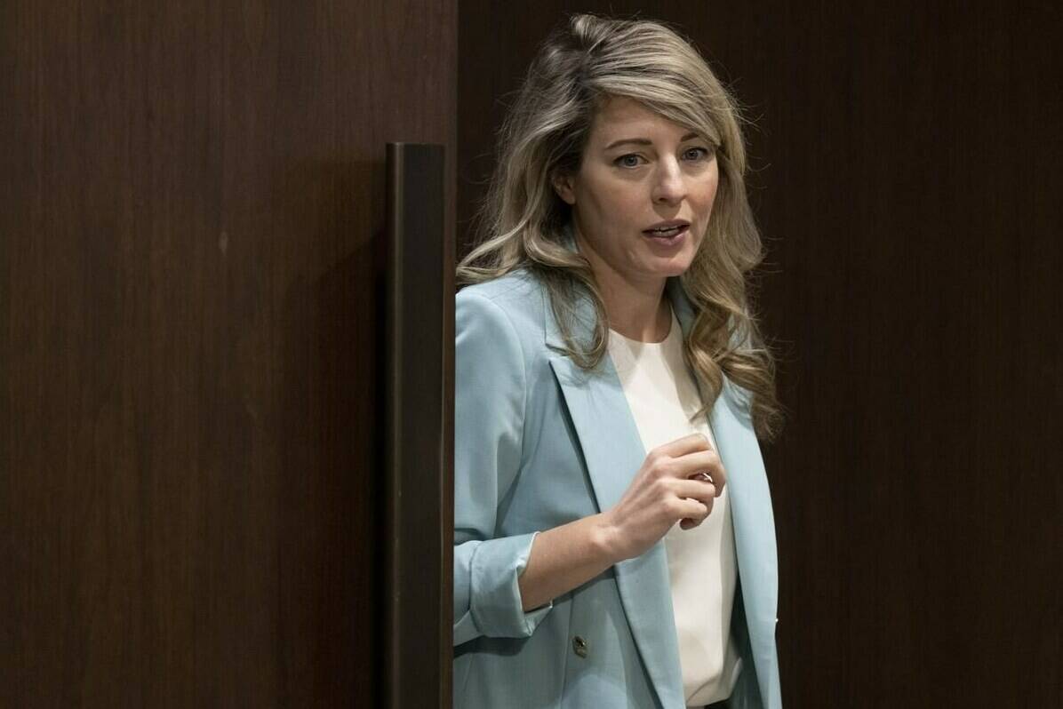 Foreign Affairs Minister Melanie Joly arrives at the Senate Committee on Foreign Affairs and International Trade to appear as a witness, in Ottawa, Thursday, June 8, 2023. Joly is raising concerns about “unacceptable” imagery for an upcoming protest by Sikh organizations, and is pledging to protect India’s diplomats in Canada. THE CANADIAN PRESS/Adrian Wyld