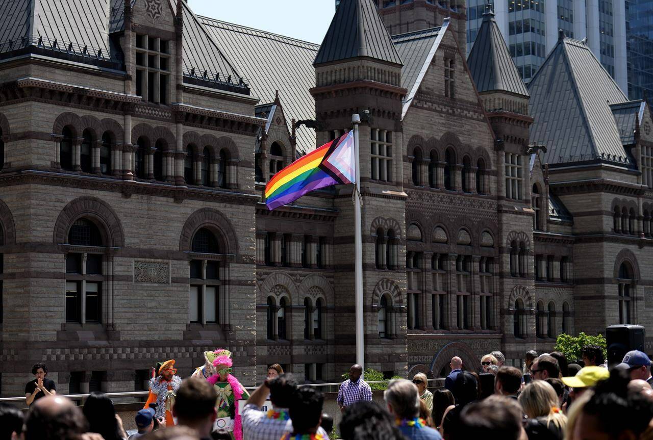 City of Toronto officially proclaim June as Pride Month in Toronto and raise the Progress Pride flag at City Hall in Toronto on Thursday, June 1, 2023. THE CANADIAN PRESS/Nathan Denette