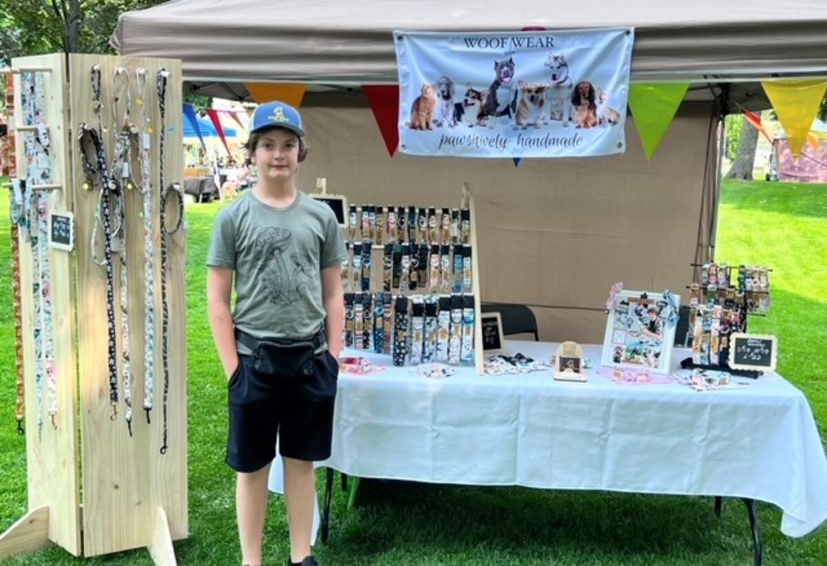 Hudson Johnson-Fairlie and his Woof Wear booth at the Lake Country Spring Market earlier this year. (Sandra Fairlie/Contributed to Black Press Media)