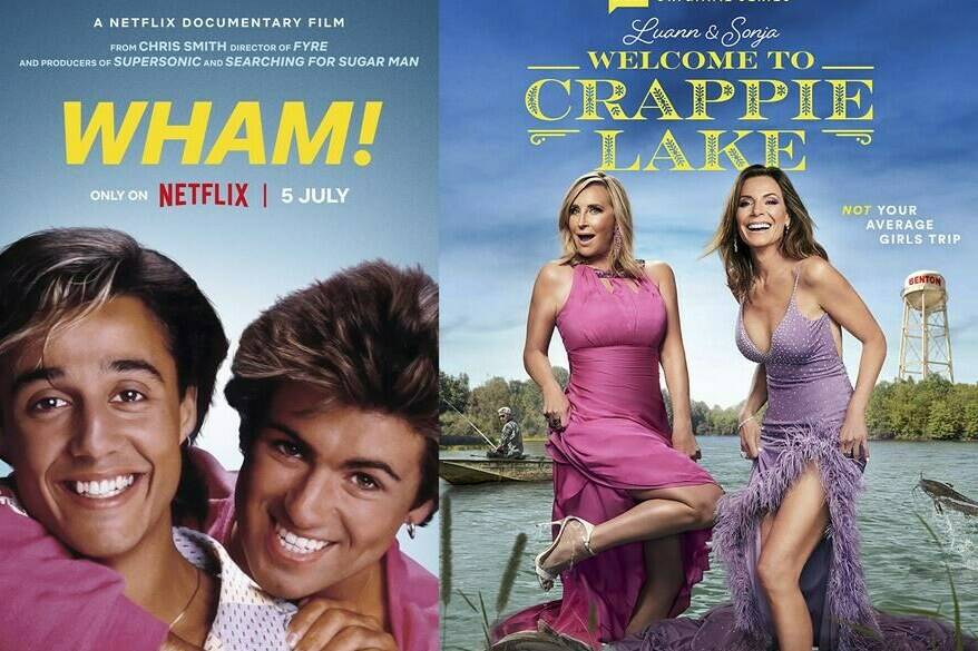 This combination of images shows “Wham!,” a documentary premiering July 5 on Netflix, left, the Bravo series “Luann and Sonja: Welcome to Crappie Lake,” premiering July 9. (Netflix/Adult Swim via AP)
