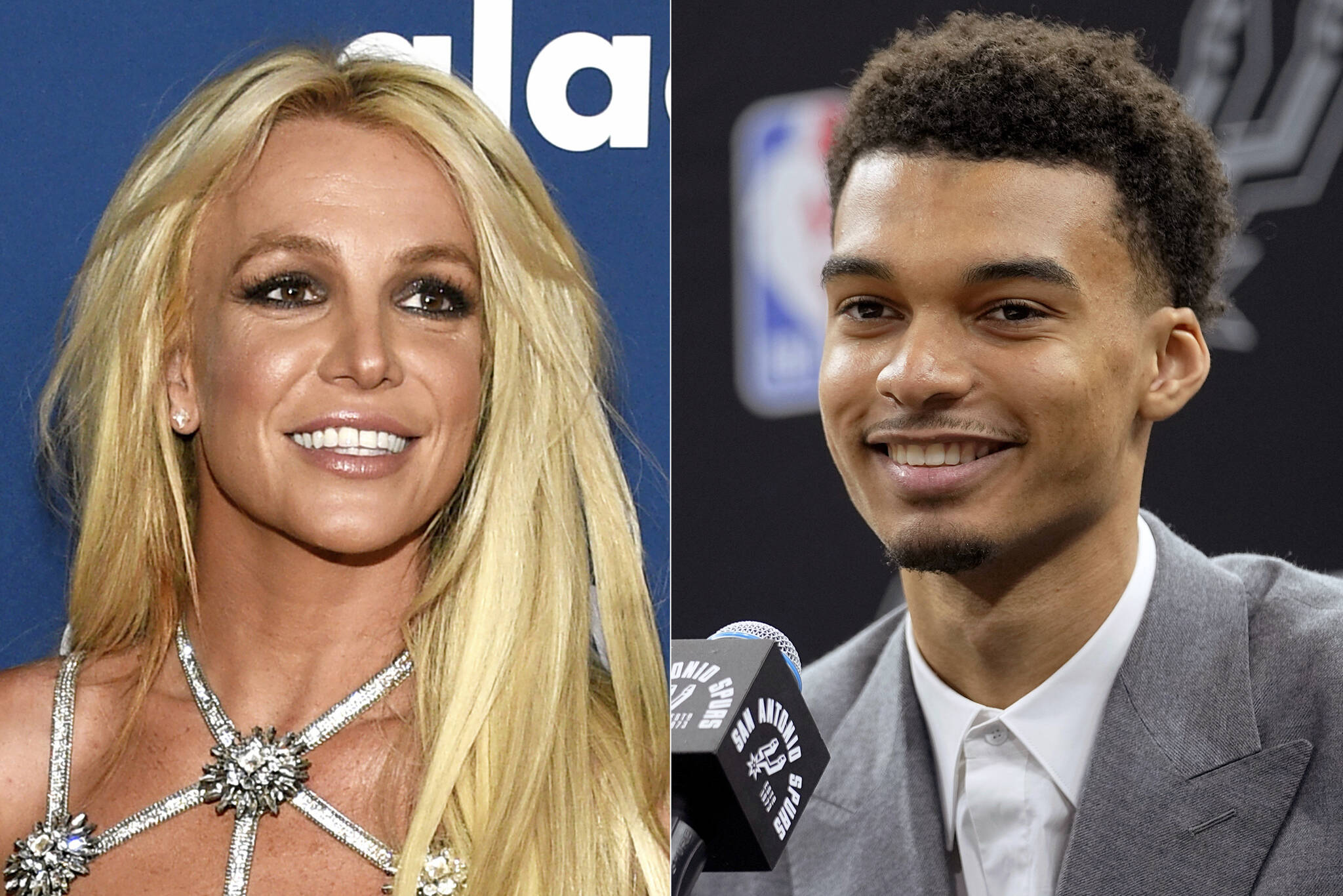 FILE - Britney Spears appears at the 29th annual GLAAD Media Awards in Beverly Hills, Calif., on April 12, 2018, left, and San Antonio Spurs NBA basketball first round draft pick Victor Wembanyama speaks during a news conference in San Antonio on June 24, 2023. Wembanyama said Thursday, July 6, 2023, that he believes Britney Spears grabbed him from behind as he was walking into a restaurant at a Las Vegas casino, and that the security detail he was with pushed the pop star away. (AP Photos by Chris Pizzello, left, and Eric Gay, File)