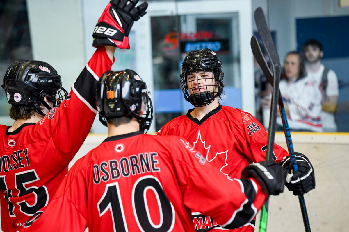Ridge Meadows players Aidan Chabot, Zach Lovett, and Brandon Osborne helped U18 Team Canada win bronze at the 2023 ISBHF World Junior Ball Hockey Championships. (Liberec/Special to The News)