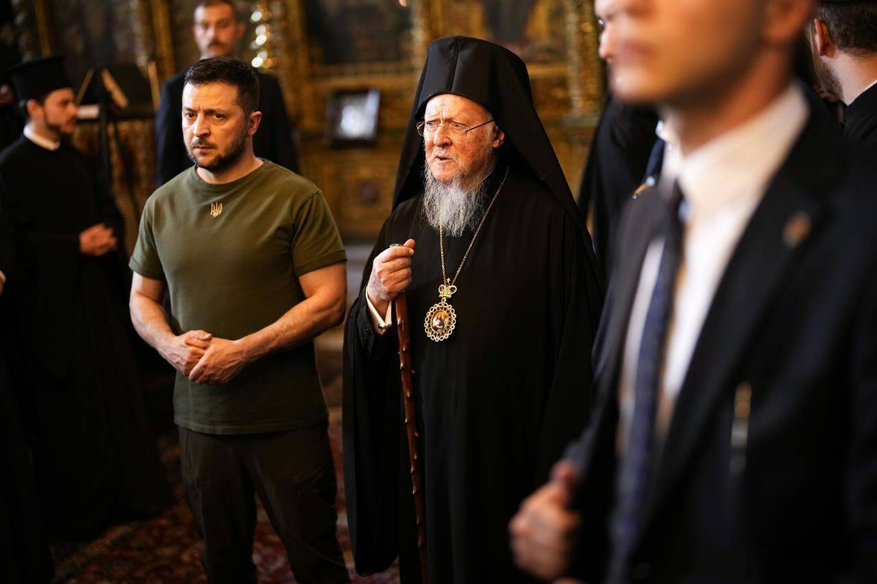 Ukrainian President Volodymyr Zelenskyy, left, stands next to Ecumenical Patriarch Bartholomew I, the spiritual leader of the world’s Orthodox Christians, at the Patriarchal Church of St. George in Istanbul, Turkey, Saturday, July 8, 2023. Zelenskyy attended a memorial ceremony for the victims of the war in Ukraine led by Patriarch Bartholomew I. (AP Photo/Francisco Seco)