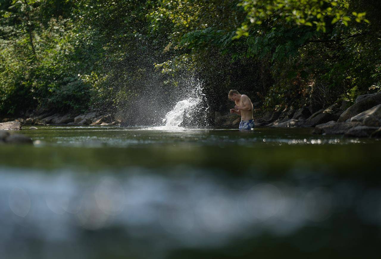 A person cools off in Lynn Creek in North Vancouver, B.C., on Thursday, July 6, 2023. Parts of southern and coastal British Columbia as well as large swaths of Alberta and the North are under heat warnings as temperatures are forecasted to soar near or above 30 degrees over the weekend and into Monday. THE CANADIAN PRESS/Darryl Dyck