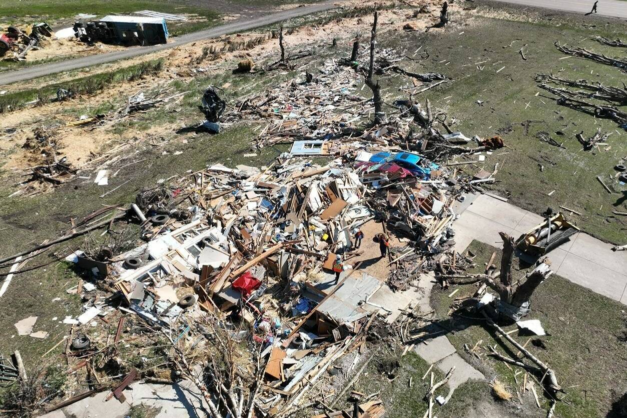 A tornado sliced through a rural area south of Didsbury, Alta., on Saturday, July 1, 2023. Damage to a farm is shown in a handout photo. THE CANADIAN PRESS/HO- Northern Tornadoes Project *MANDATORY CREDIT*