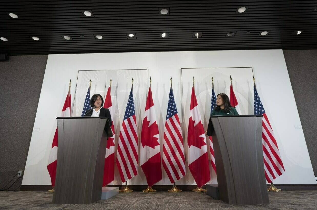 International Trade Minister Mary Ng, right, and U.S. Trade Representative Katherine Tai speak during a joint news conference in Ottawa, Thursday, May 5, 2022. Tai is urging her Canadian counterpart to abandon plans for a digital services tax and to allow U.S. home shopping programming to operate north of the border.THE CANADIAN PRESS/Adrian Wyld