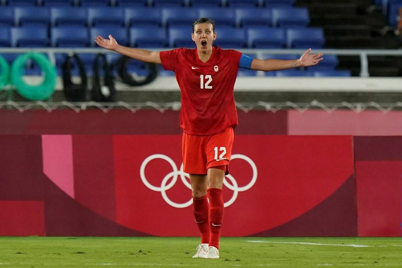 Canada’s Christine Sinclair pleads for a penalty kick during the women’s soccer gold medal game against Sweden at the Tokyo Olympics in Yokohama, Japan on Friday, August 6, 2021. Canada Soccer is holding emergency talks with the women’s national team today in Florida in a bid to convince the players to return to the field. THE CANADIAN PRESS/Adrian Wyld