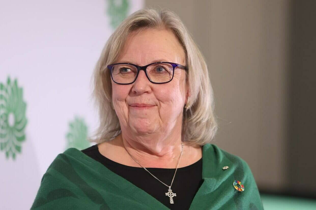 Green Party Leader Elizabeth May is home after a brief stay in hospital for overwork, fatigue and stress according to a statement on her website. May stands on stage before the new leader of the Green Party is chosen in Ottawa on Saturday, November 19, 2022. THE CANADIAN PRESS/ Patrick Doyle