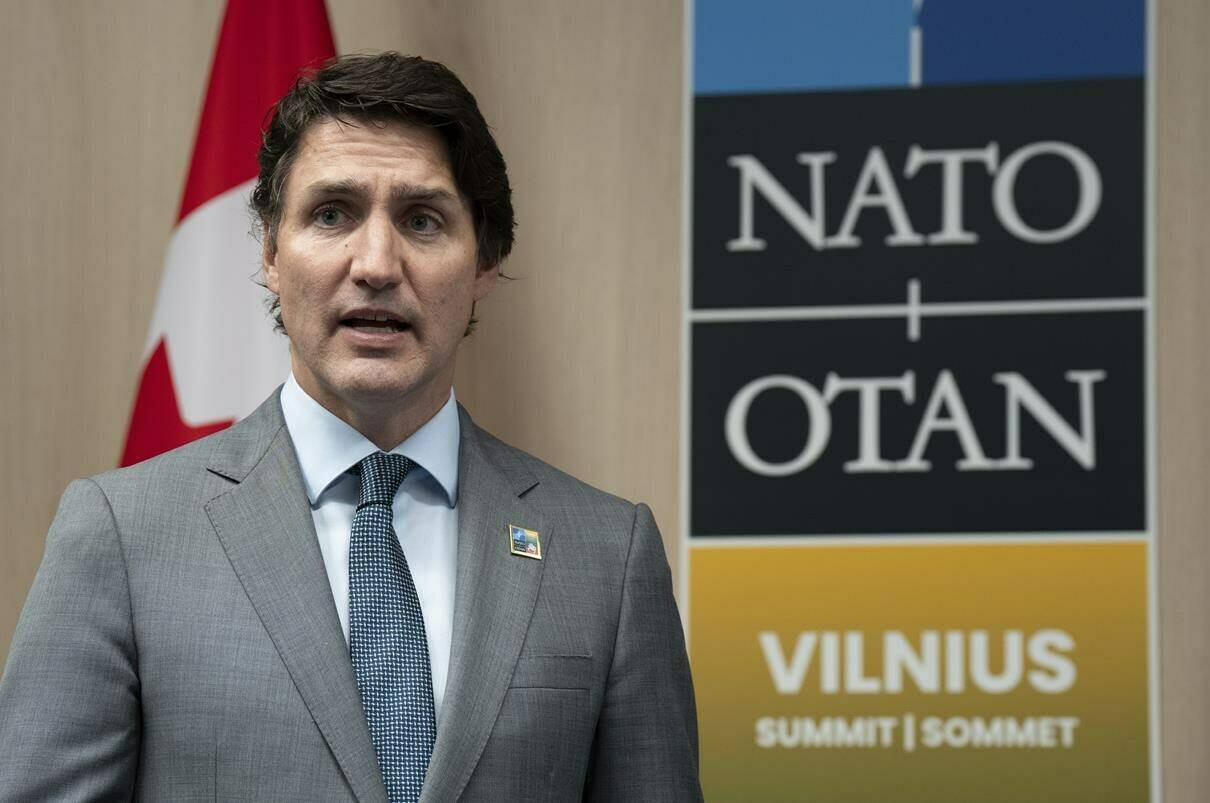 Prime Minister Justin Trudeau makes opening remarks at a meeting with Slovakian President Suzana Caputovaat at the NATO Summit in Vilnius, Lithuania, Tuesday, July 11, 2023. THE CANADIAN PRESS/Adrian Wyld