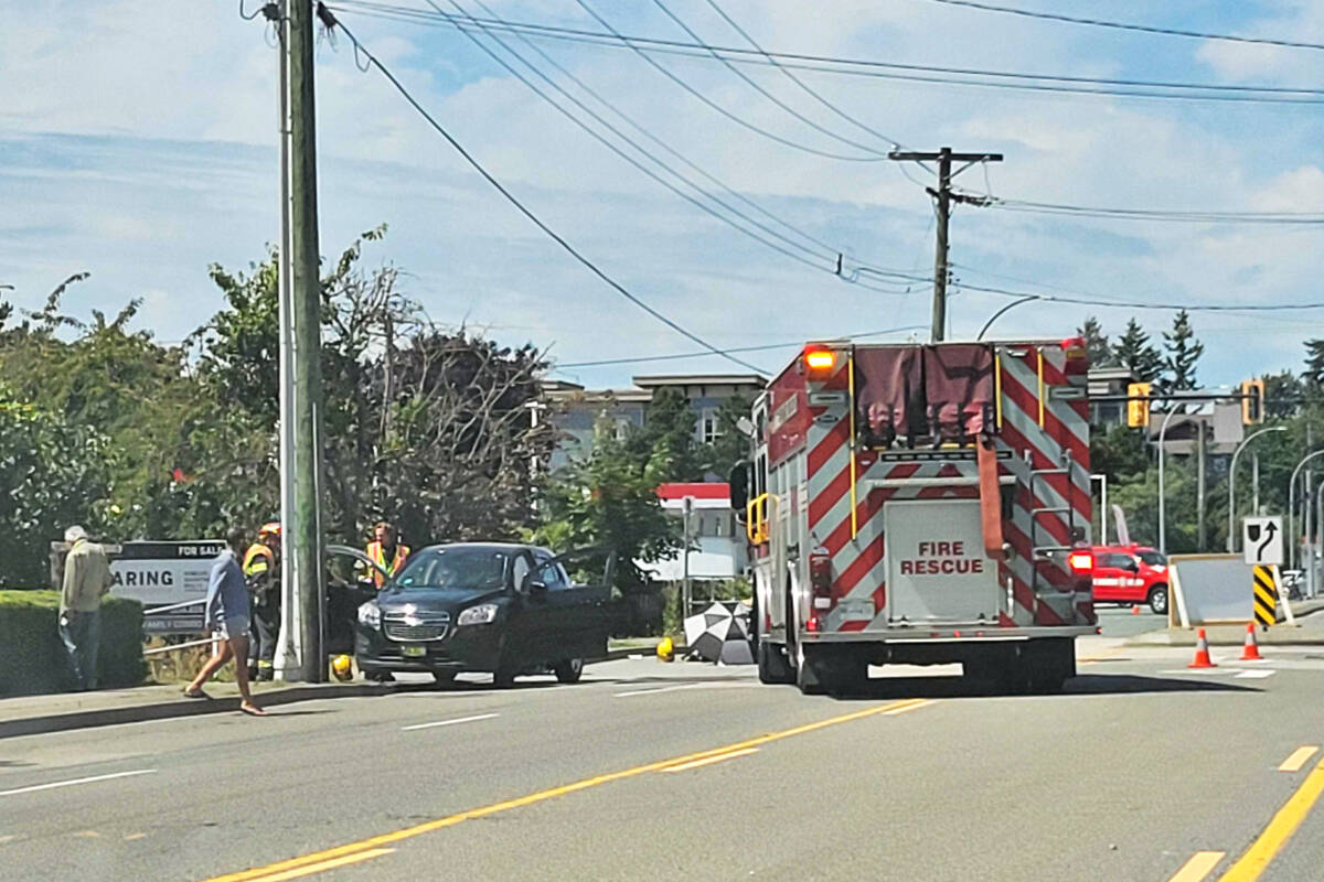 Emergency crews responded to a crash on 56th Avenue just east of 200th Street on Wednesday, July 12, 2023. (Dan Ferguson/Langley Advance Times)