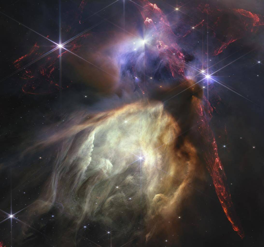 The first anniversary image released Wednesday, July 12, 2023, by Space Telescope Science Institute Office of Public Outreach, shows NASA’s James Webb Space Telescope displaying a star birth like it’s never been seen before, full of detailed, impressionistic texture. The subject is the Rho Ophiuchi cloud complex, the closest star-forming region to Earth. (NASA, ESA, CSA, STScI, Klaus Pon via AP)
