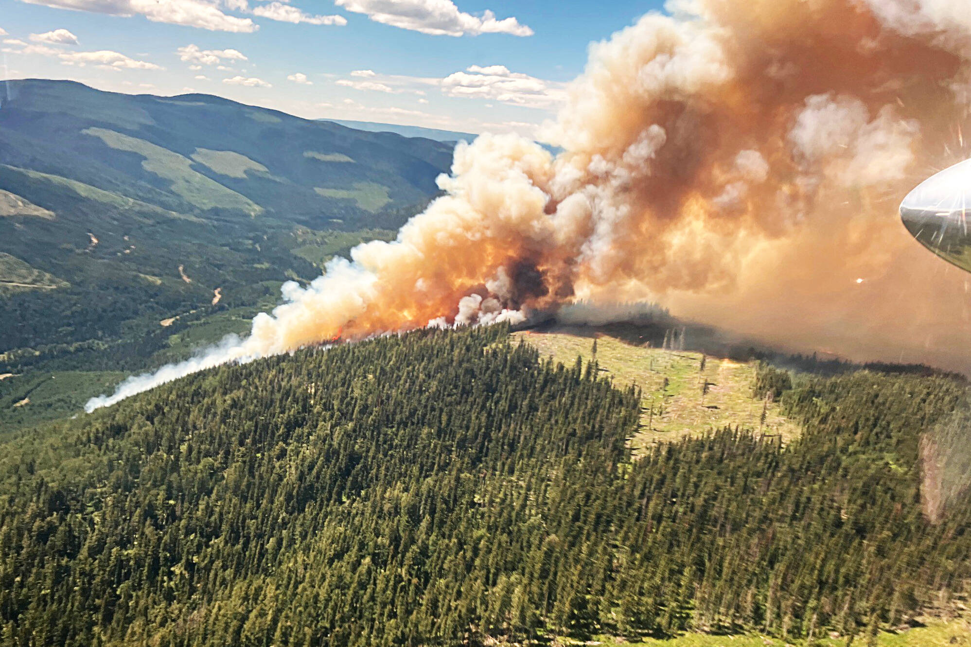 The Bush Creek East wildfire, ignited Wednesday southwest of Squaam Bay along Adams Lake, was estimated to have reached 265 hectares as of Monday, July 17, 2023. (BC Wildfire Service photo)