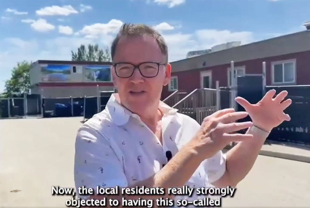 BC United leader Kevin Falcon in a Facebook video at the Royal Crescent modular housing site in Maple Ridge. (BC United/Special to The News)