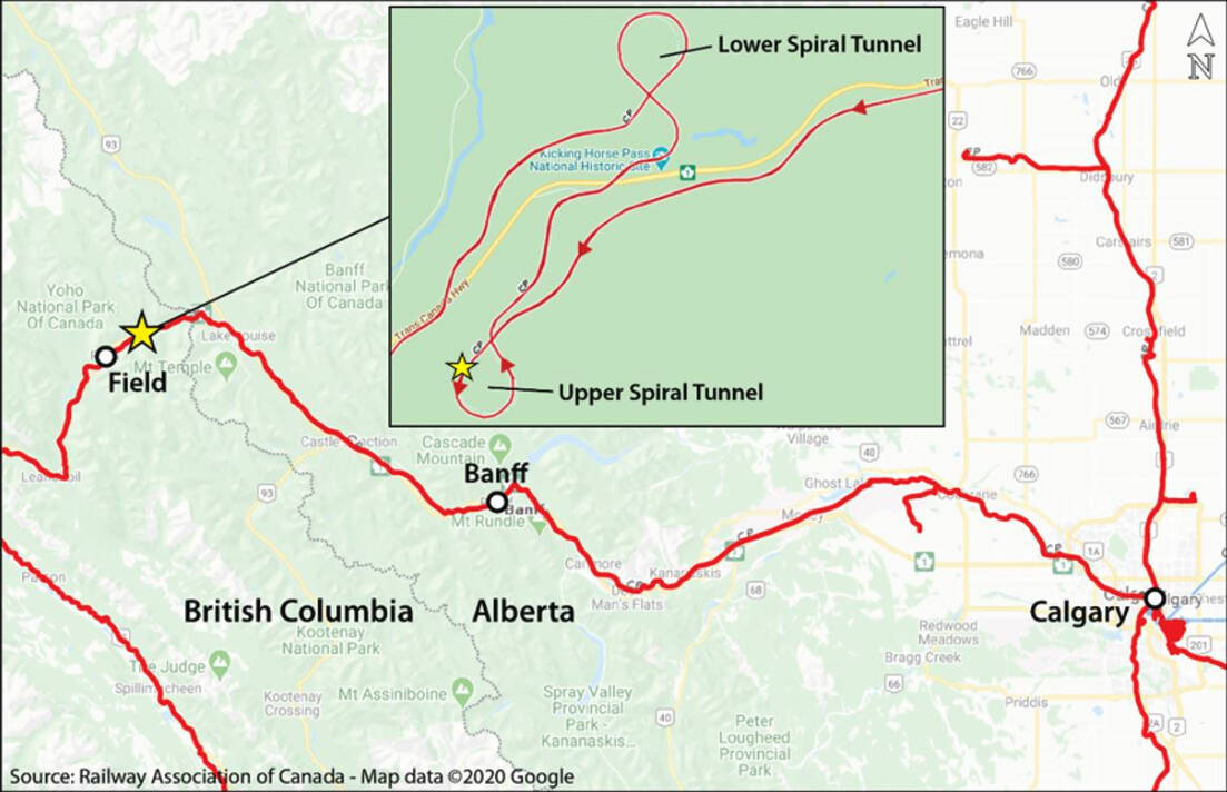 A map showing the location of a 2019 Canadian Pacific Railway freight train derailment in the Upper Spiral Tunnel, which is known for its steep grades and sharp curves, near Field, B.C. The Transportation Safety Board says an “undesired” release of air brakes led to the derailment of 15 empty cars. (Transportation Safety Board)