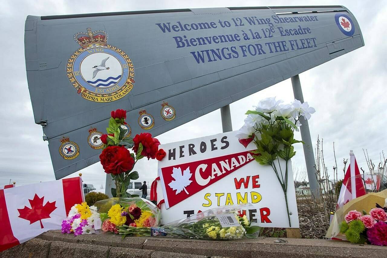 A memorial pays respect to the victims of a military helicopter crash, at 12 Wing Shearwater in Dartmouth, N.S., home of 423 Maritime Helicopter Squadron, on Friday, May 1, 2020. The families of six members of the Canadian Armed Forces who were killed in a “terrifying” helicopter crash in April 2020 are suing the manufacturer.THE CANADIAN PRESS/Andrew Vaughan