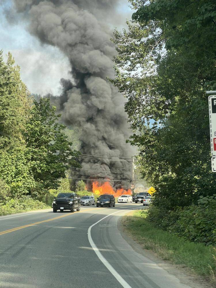 A fire on Chilliwack Lake Road, as it began Thursday afternoon. (Gena Phillips/Submitted)