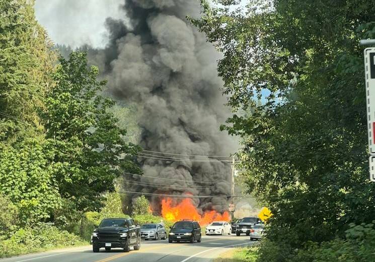 A fire on Chilliwack Lake Road, as it began Thursday afternoon. (Gena Phillips/Submitted)