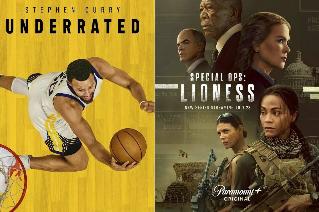This combination of images shows promotional art for the Apple TV+ documentary “Stephen Curry: Underrated,” left, and the Paramount+ series “Special Ops: Lioness.” (Apple TV+/Paramount+ via AP)