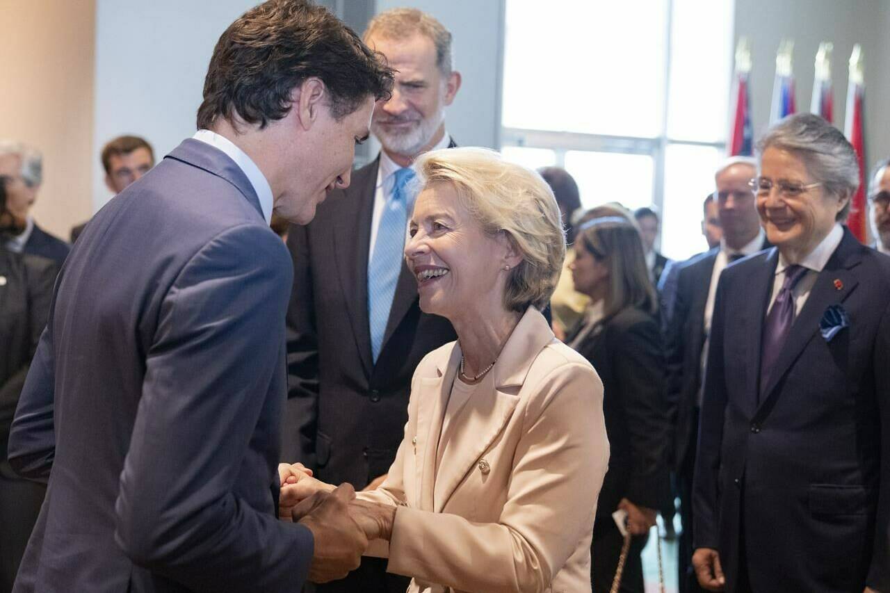 Prime Minister Justin Trudeau greets European Commission President Ursula von der Leyen as King Filipe of Spain, centre, looks on at the United Nations, Friday, July 21, 2023. THE CANADIAN PRESS/Christinne Muschi