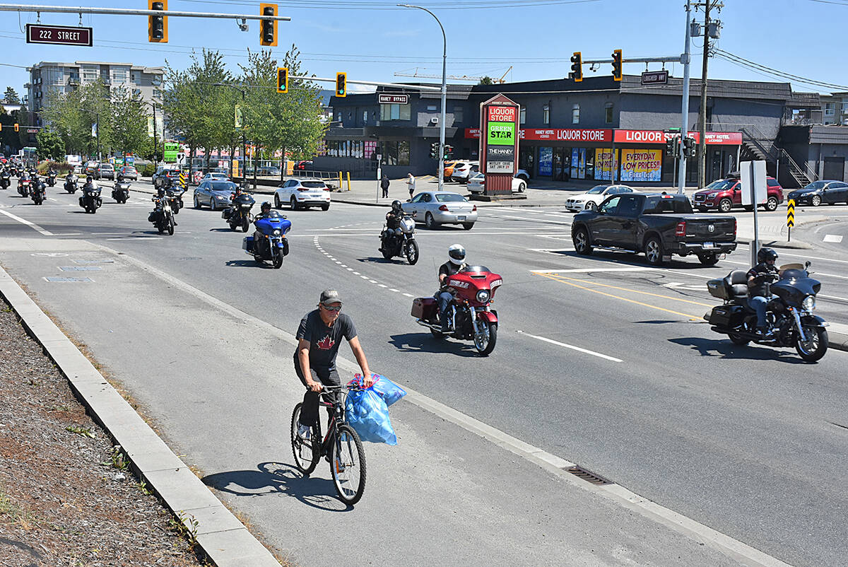 Bikers rolled through Maple Ridge on the Lougheed Highway on Friday afternoon. (Neil Corbett/The News)