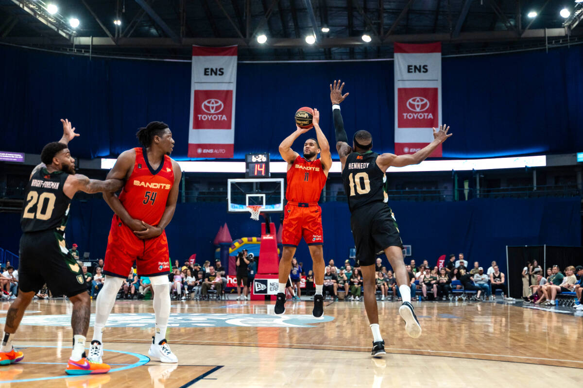 Malcolm Duvivier scored a three pointer in a game where Rattlers took down the Vancouver Bandits in Saskatchewan on Wednesday, 103-82. (Derek Elvin, Canadian Elite Basketball League/Special to Langley Advance Times)