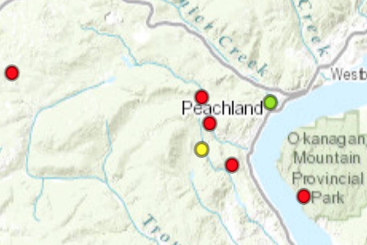Six new lightning-caused wildfires sparked on Friday, July 21, with five of them near Peachland. (BC Wildfire Services)