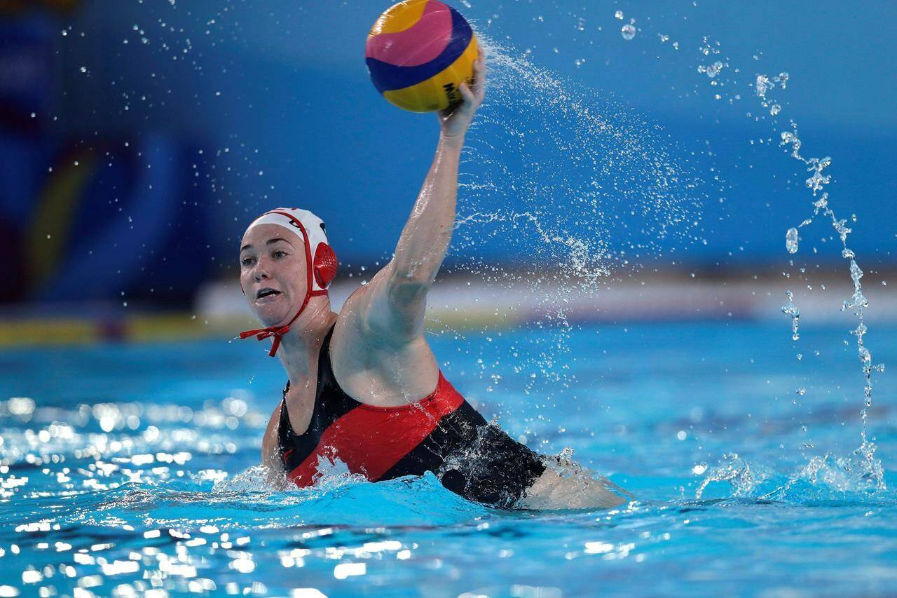Canada’s Emma Wright scores during the gold medal water polo game against the United States at the Pan American Games in Lima, Peru, Saturday, Aug. 10, 2019. The Canadian women’s water polo team advanced to the quarterfinals at the FINA World Aquatics Championships with a 21-6 win over South Africa in Round of 16 action Saturday. THE CANADIAN PRESS/AP-Silvia Izquierdo