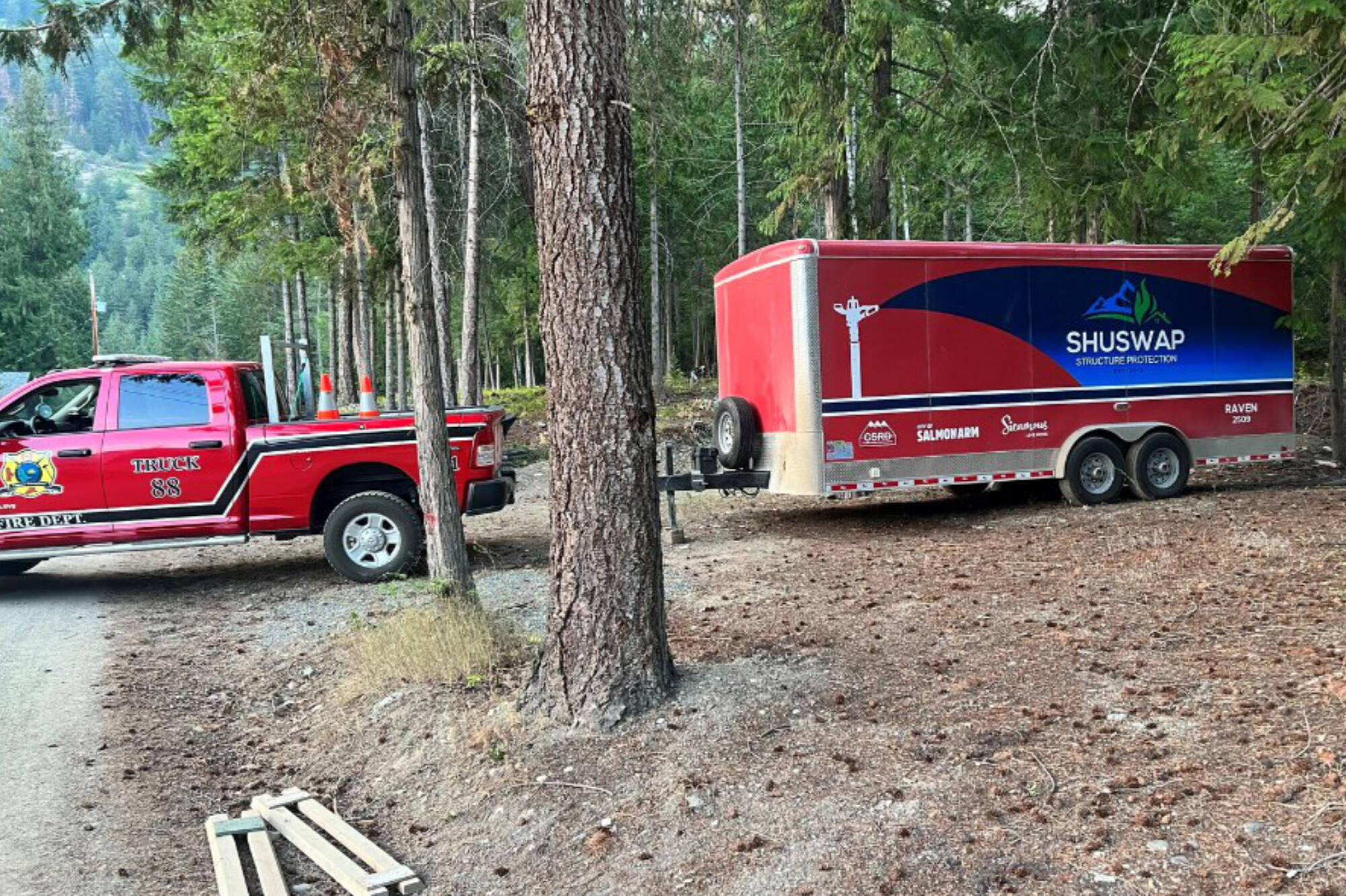 The Columbia Shuswap Regional District has deployed a Structure Protection Unit to properties under an evacuation alert that was issued on July 20 in response to the growing Lower East Adams wildfire. (CSRD image)