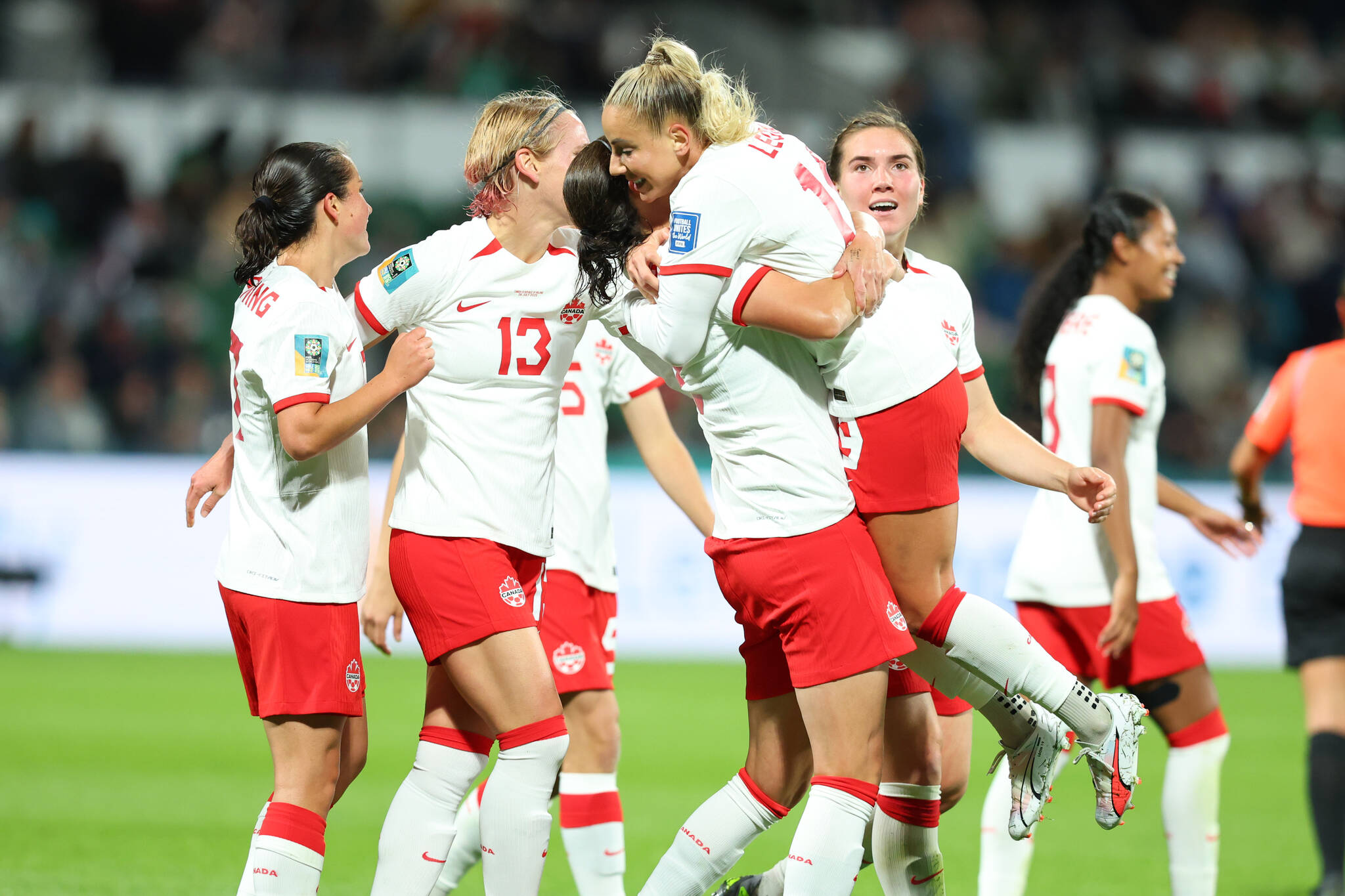 Adriana Leon (centre) of Canada celebrates her second half goal against Ireland with teammates during their Group B match at the FIFA Women’s World Cup in Perth, Australia, Wednesday, July 26, 2023. THE CANADIAN PRESS/James Worsfold
