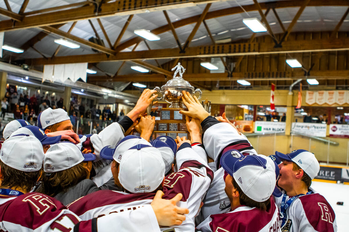 The Revelstoke Grizzlies hoist the Cyclone Taylor Cup following the 2022/23 season. What will happen to this historic championship in light of the three leagues who compete for it being reclassified as Junior A - Tier 2, with the opportunity for some to be designated as Tier 1 in coming seasons, is uncertain. Matt Timmins photo.