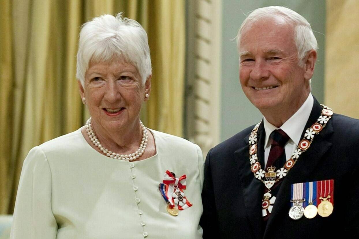 Journalist and politican Pat Carney of Saturna Island, British Colunbia, stands with Governor General David Johnston after she was invested into the Order of Canada as member during a ceremony at Rideau Hall in Ottawa, Friday, September 16, 2011. THE CANADIAN PRESS/Fred Chartrand