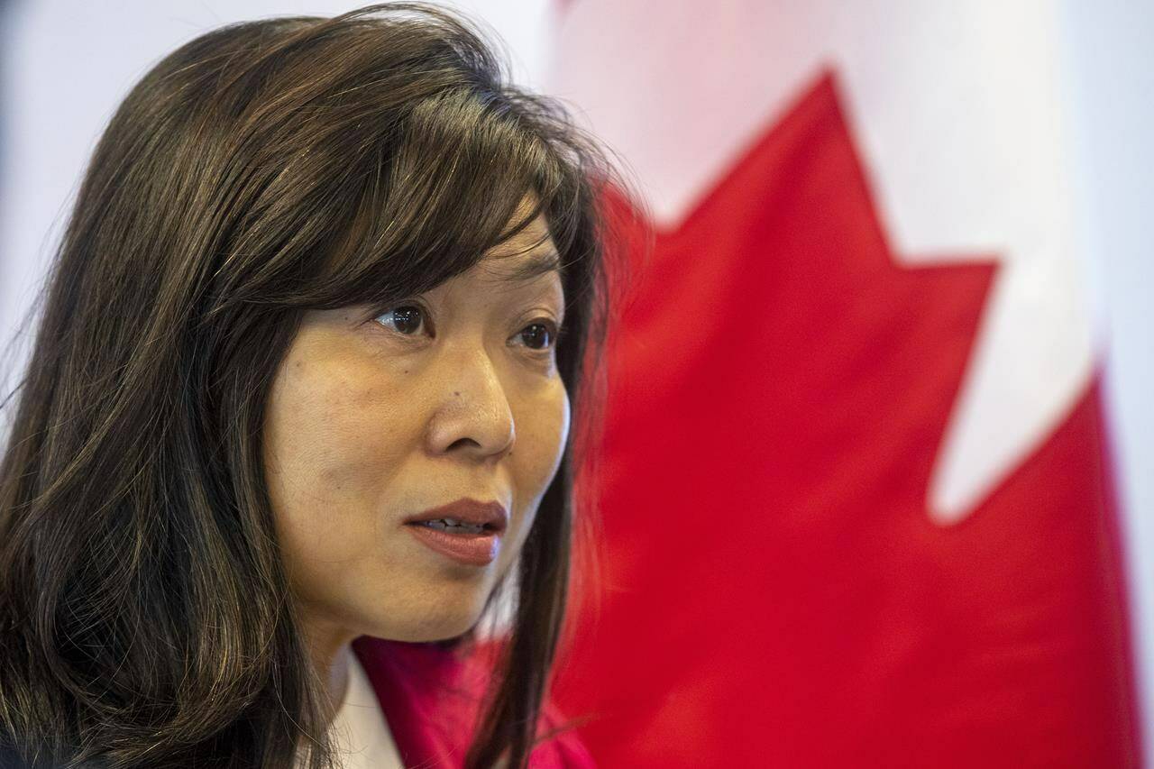 International Trade Minister Mary Ng speaks with media in Kingston, Ont., on Thursday June 15, 2023. Canada is urging the United States to make a good-faith effort at finally negotiating an end to the interminable bilateral dispute over softwood lumber. THE CANADIAN PRESS/Lars Hagberg